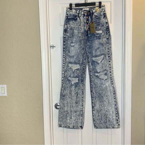 Vibrant Acid Wash High Rise Flare Leg Distressed Jeans Size 24 - Picture 4 of 11